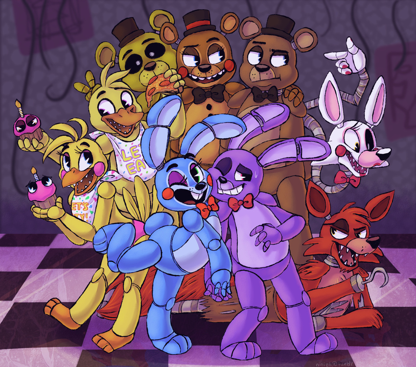 absolutely_everyone ambiguous_gender animatronic anthro avian bear bib bird bonnie_(fnaf) bow_tie brown_fur canine chica_(fnaf) chicken cupcake cupcake_(fnaf) detailed_background female five_nights_at_freddy's five_nights_at_freddy's_2 food fox foxy_(fnaf) freddy_(fnaf) fur golden_freddy_(fnaf) group happy hat hi_res hook hug lagomorph looking_at_viewer lying machine male mammal mangle_(fnaf) mechanic mechanical nini one_eye_closed pizza pointing rabbit red_fur reflection robot scared shadow smile so_happy stare straight top_hat toy_bonnie_(fnaf) toy_chica_(fnaf) toy_freddy_(fnaf) wink