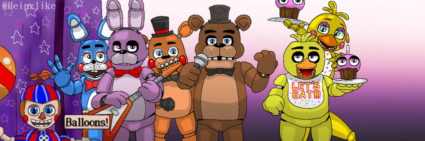 animatronic anthro balloon_boy_(fnaf) blue_eyes bonnie_(fnaf) bow chica_(fnaf) cupcake_(fnaf) female five_nights_at_freddy's five_nights_at_freddy's_2 freddy_(fnaf) green_eyes group hat machine male mechanical robot toy_bonnie_(fnaf) toy_chica_(fnaf) toy_freddy_(fnaf)