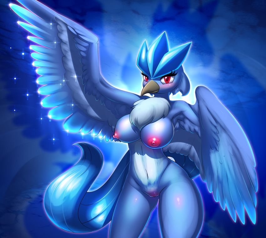 2014 anthro articuno avian beak big_breasts blush breasts chest_tuft elpatrixf female fur looking_at_viewer nintendo nipples nude pok&eacute;mon pussy red_eyes solo sparkle tuft video_games wings