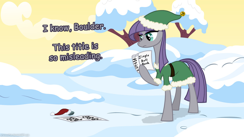 2014 bell blue_eyes boulder_(mlp) christmas clothing dialogue dress english_text equine eyeshadow female feral friendship_is_magic frock grievousfan hair hat holidays horse makeup mammal maud_pie_(mlp) my_little_pony outside pony purple_hair santa_hat snow solo text tree winter_hat