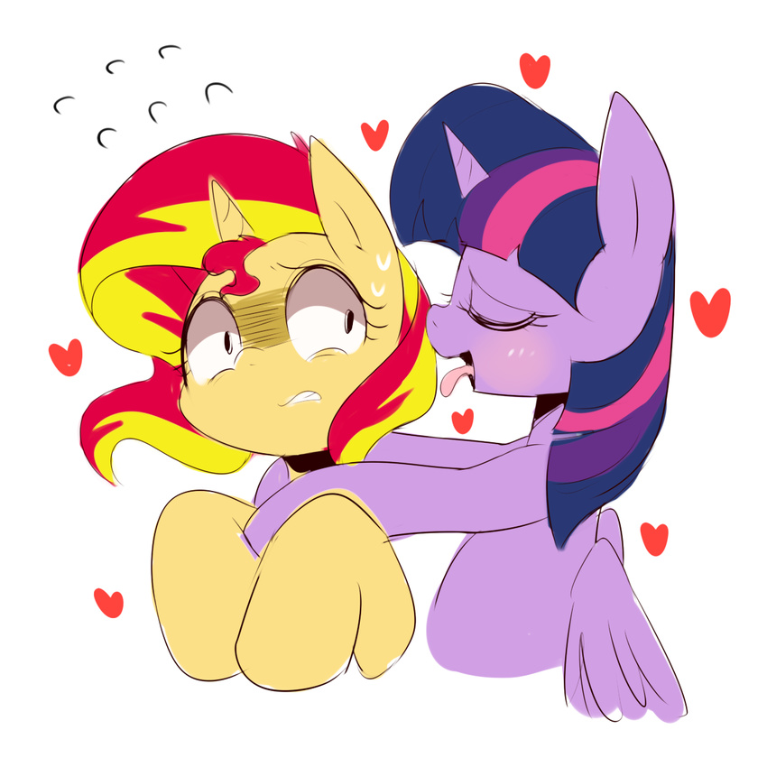 &lt;3 2014 couple duo equestria_girls equine eyes_closed female friendship_is_magic hair horn licking mammal marenlicious multicolored_hair my_little_pony plain_background purple_hair sunset_shimmer_(eg) sweat tongue tongue_out twilight_sparkle_(mlp) unicorn white_background winged_unicorn wings