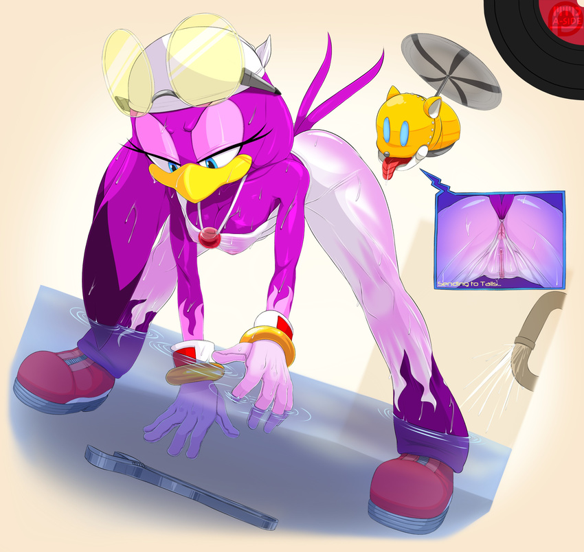 anthro anus avian bandanna beak bent_over bird bracelet breasts butt female flame_pattern jewelry machine marthedog mechanical miles_prower nipples pussy ring robot sega sonic_(series) sonic_riders spread_legs spreading swallow_(bird) tongue tools translucent water wave_the_swallow wet wrench