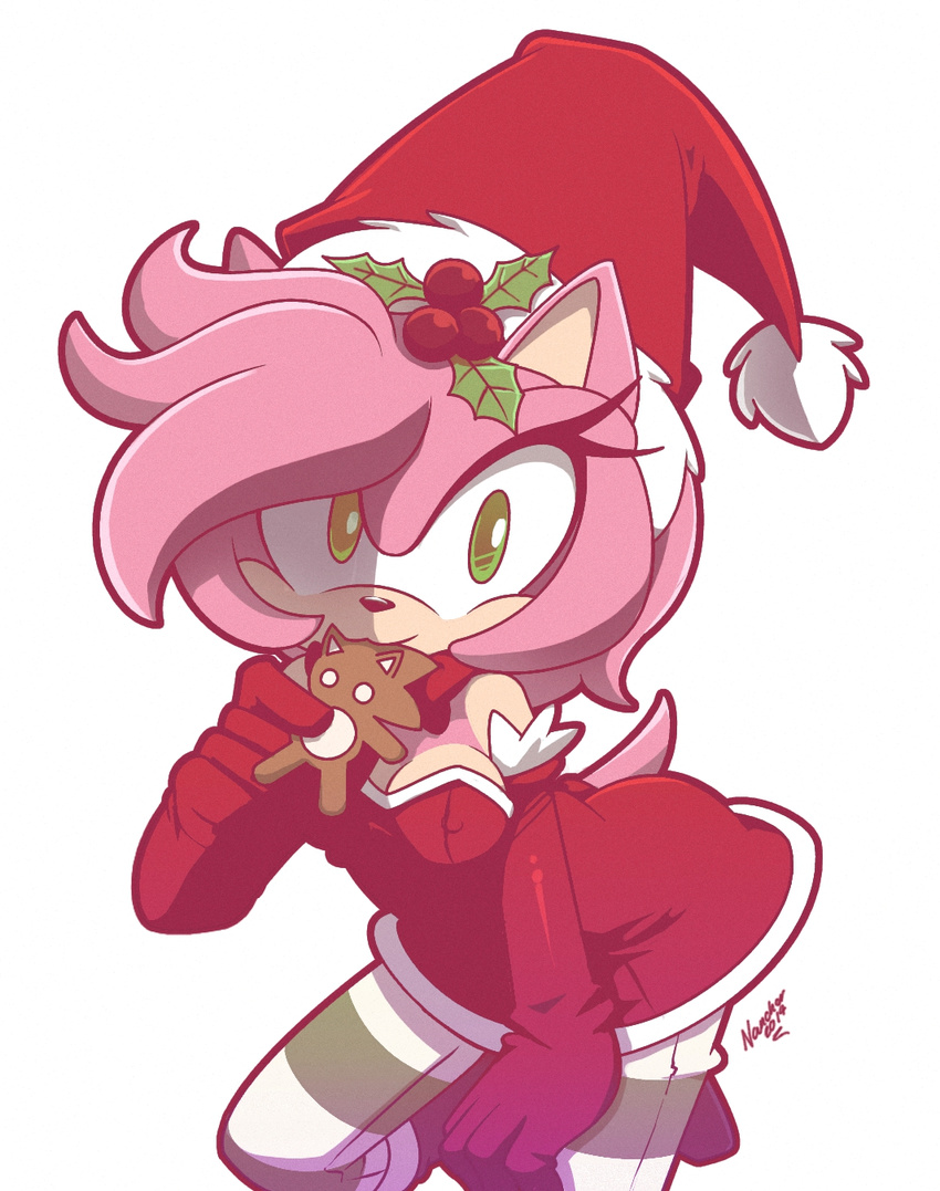 2014 amy_rose anthro breasts christmas christmas_hat clothed clothing cookie female fur green_eyes hair hat hedgehog hi_res holidays legwear looking_at_viewer mammal nancher nom pink_fur pink_hair plain_background sega solo sonic_(series) white_background