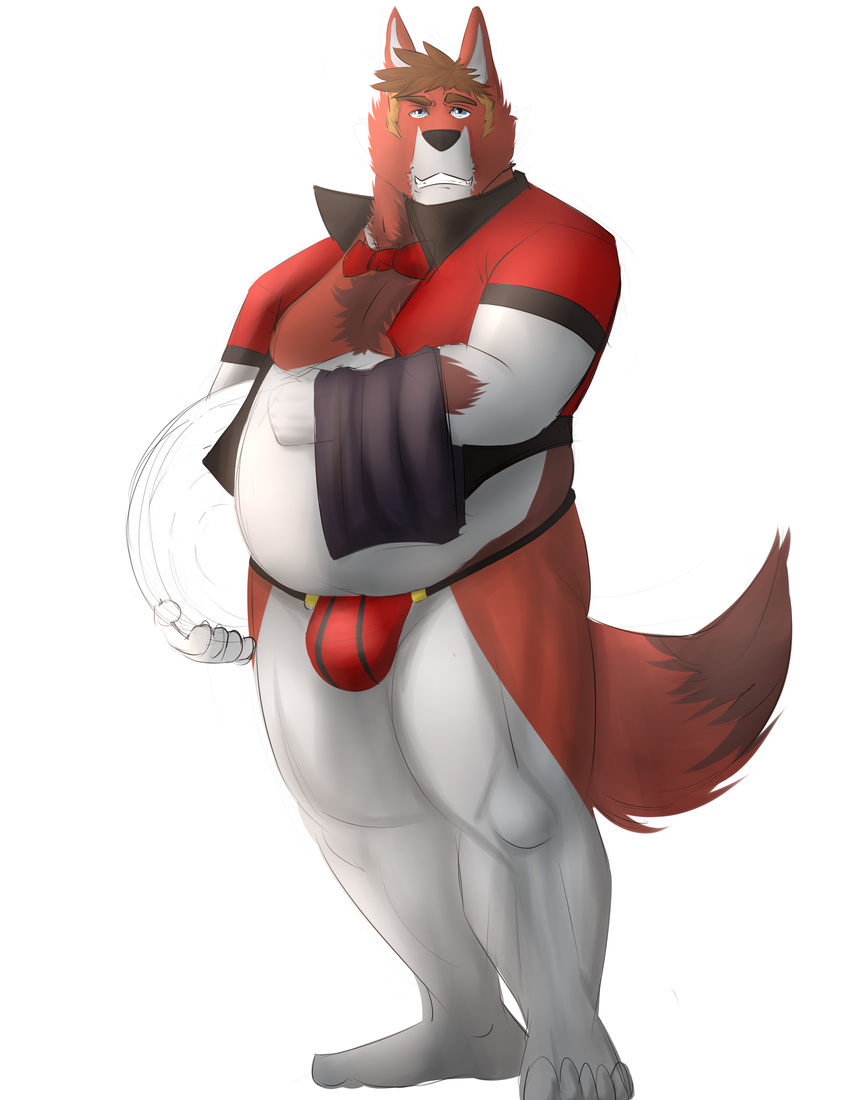 anthro bar belly blue_eyes bow_tie bulge canine chub clothed clothing fur galvinwolf hair jockstrap looking_at_viewer luxordtimet male mammal necktie overweight plain_background skimpy smile solo standing suit thong timet underwear waiter white_background wolf