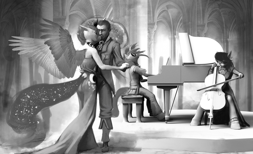 cello clothed clothing dancing earth_pony equine eyes_closed eyewear female friendship_is_magic goggles greyscale hattonslayden horn horse human inside male mammal monochrome musical_instrument my_little_pony octavia_(mlp) piano pony princess_luna_(mlp) unicorn vinyl_scratch_(mlp) winged_unicorn wings