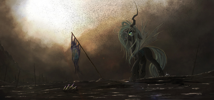 2014 changeling cloud crown female flag friendship_is_magic green_eyes green_hair hair holes horn my_little_pony ncmares outside queen_chrysalis_(mlp) slit_pupils solo wings