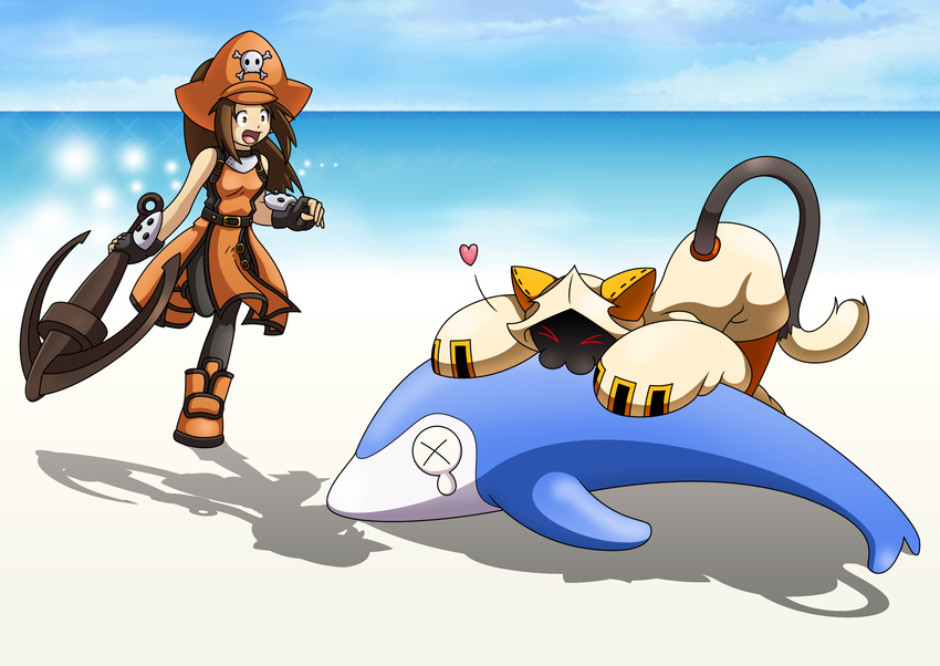 &gt;_&lt; :3 absurdres anchor animal_ears beach blazblue boots brown_hair cat_ears cat_tail closed_eyes cloud crying day dolphin eating fingerless_gloves gloves guilty_gear hat heart highres hood hooded_jacket jacket may_(guilty_gear) multiple_girls ocean orange_eyes orange_hat pirate_hat red_eyes sand skull_and_crossbones tail taokaka weapon x3