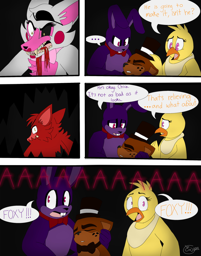 ... angry animatronic anthro avian bear bib bird black_background bonnie_(fnaf) bow_tie canine chica_(fnaf) chicken comic dark dialogue emmonsta english_text female five_nights_at_freddy's five_nights_at_freddy's_2 fox foxy_(fnaf) freddy_(fnaf) fur green_eyes hat hook lagomorph machine male mammal mangle_(fnaf) mechanic mechanical pink_eyes pink_fur plain_background rabbit red_eyes red_fur robot sad screaming text top_hat unconscious white_fur yellow_eyes yellow_fur