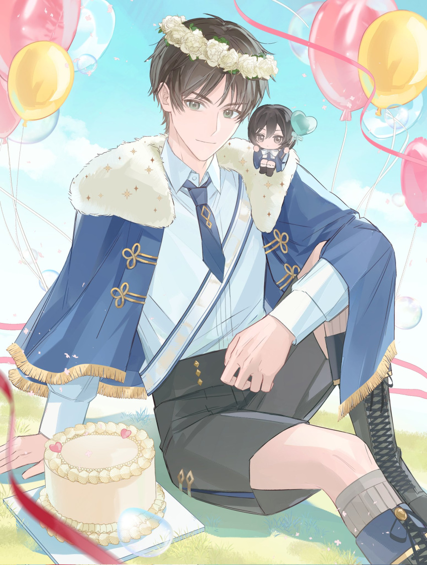 1boy 1girl balloon black_boots black_hair black_shorts blue_cloak blue_necktie blue_sky boots bow bowtie brown_hair cake chibi cloak commentary_request eren_yeager food foot_out_of_frame fur-trimmed_cloak fur_trim gold_trim grey_socks hair_between_eyes head_wreath highres light_smile liu_ruo looking_at_viewer mikasa_ackerman necktie sash shingeki_no_kyojin shirt short_hair shorts sitting sitting_on_shoulder size_difference sky socks streamers white_bow white_bowtie white_sash white_shirt