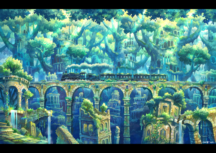 aqueduct artist_name bridge building canopy cityscape commentary_request day fantasy grass ground_vehicle kemi_neko letterboxed light_rays locomotive moss nature no_humans original outdoors overgrown railroad_tracks ruins scenery signature stairs steam steam_locomotive train tree tree_shade treehouse water waterfall window