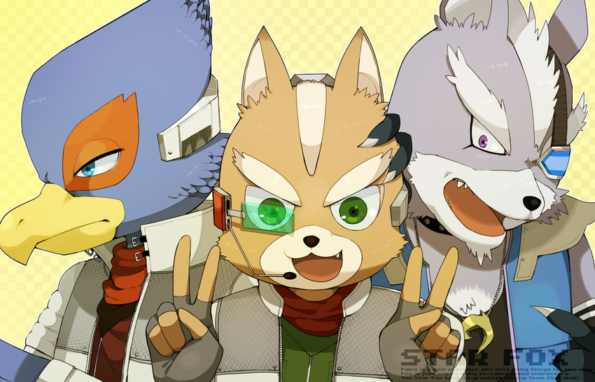 anthro avian bird blue_eyes canine eye_patch eyewear falco_lombardi fox fox_mccloud green_eyes group jacket looking_at_viewer male mammal mow necklace nintendo open_mouth pheasant purple_eyes scarf star_fox video_games wolf wolf_o'donnell