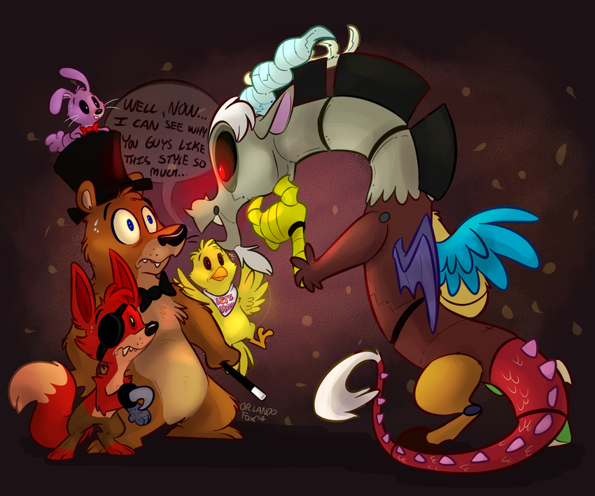 2014 animatronic anthro antlers avian beak bear bird blue_eyes bonnie_(fnaf) bow bow_tie brown_fur canine chica_(fnaf) chicken cute dialogue discord_(mlp) draconequus dragon english_text eye_patch eyewear feathers female five_nights_at_freddy's fox foxy_(fnaf) freddy_(fnaf) friendship_is_magic fur group hat hook hook_hand horn lagomorph machine male mammal mechanical my_little_pony open_mouth purple_fur rabbit red_eyes red_fur robot smile text thedoggygal wand wings yellow_body