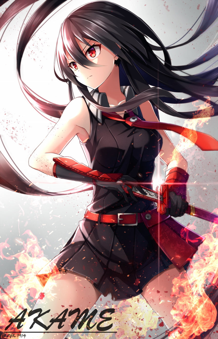 akame akame_ga_kill! bare_arms belt black_hair breasts character_name collar collarbone elbow_gloves fire gloves highres long_hair looking_away medium_breasts necktie red_eyes rin_yuu skirt solo sword weapon