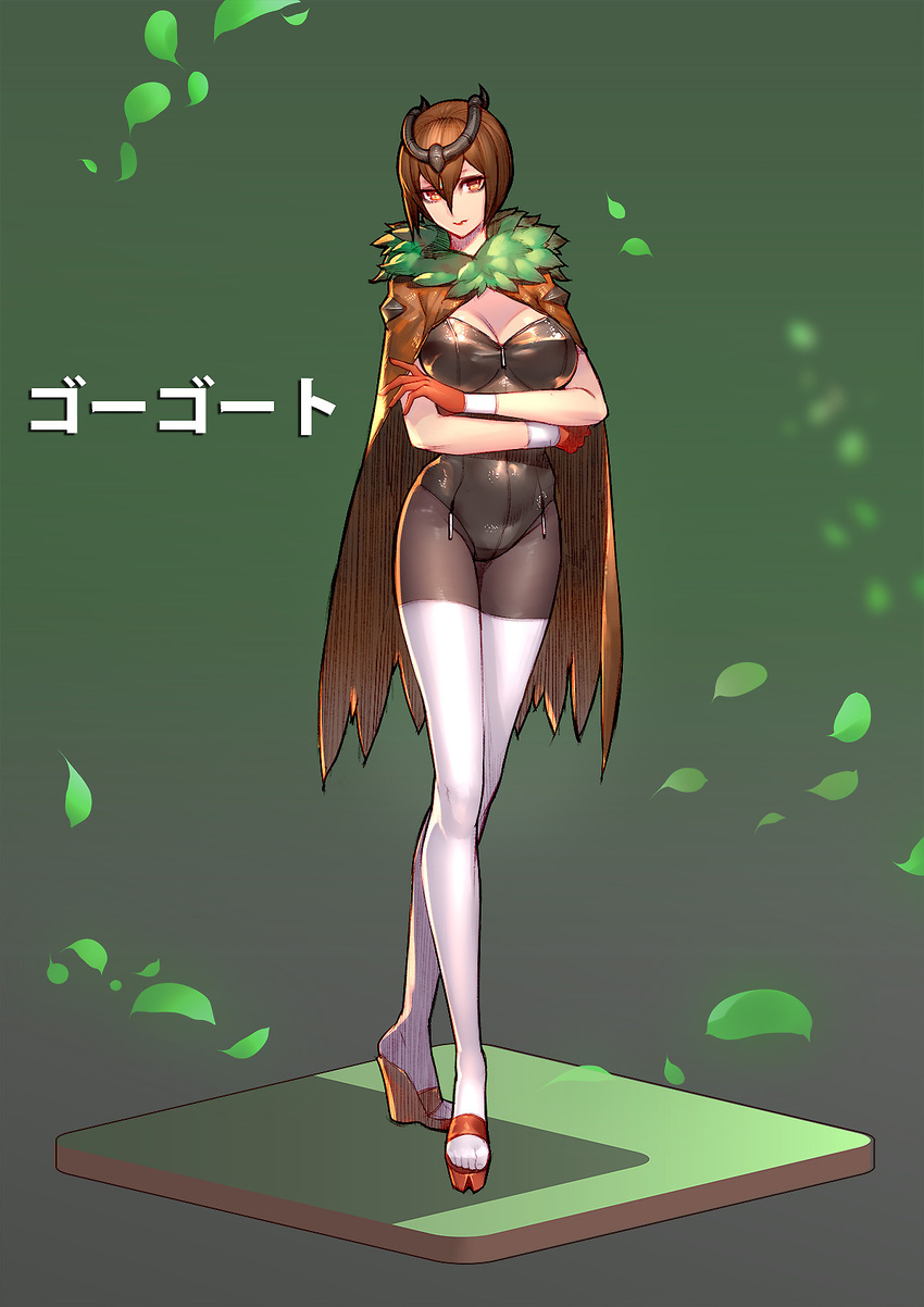 brown_eyes brown_hair bustier cape gen_6_pokemon gloves gogoat hair_ornament highres long_legs personification pokemon ryushin solo thighhighs translated