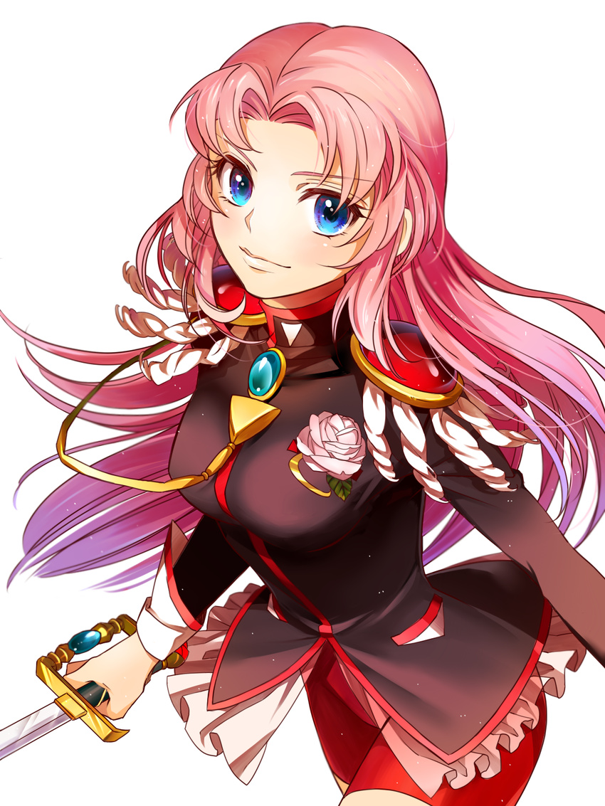 ateka bangs bike_shorts blue_eyes brooch cowboy_shot epaulettes flower gradient_hair highres holding jewelry long_hair long_sleeves multicolored_hair parted_bangs pink_hair rapier rose shoujo_kakumei_utena solo sword tenjou_utena weapon white_background white_flower white_rose