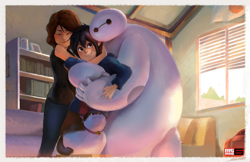 1girl bad_id bad_pixiv_id baymax big_hero_6 black_hair brown_hair cass_hamada cat family highres hiro_hamada hug mochi_(big_hero_6) robot sandwiched smile stellarism