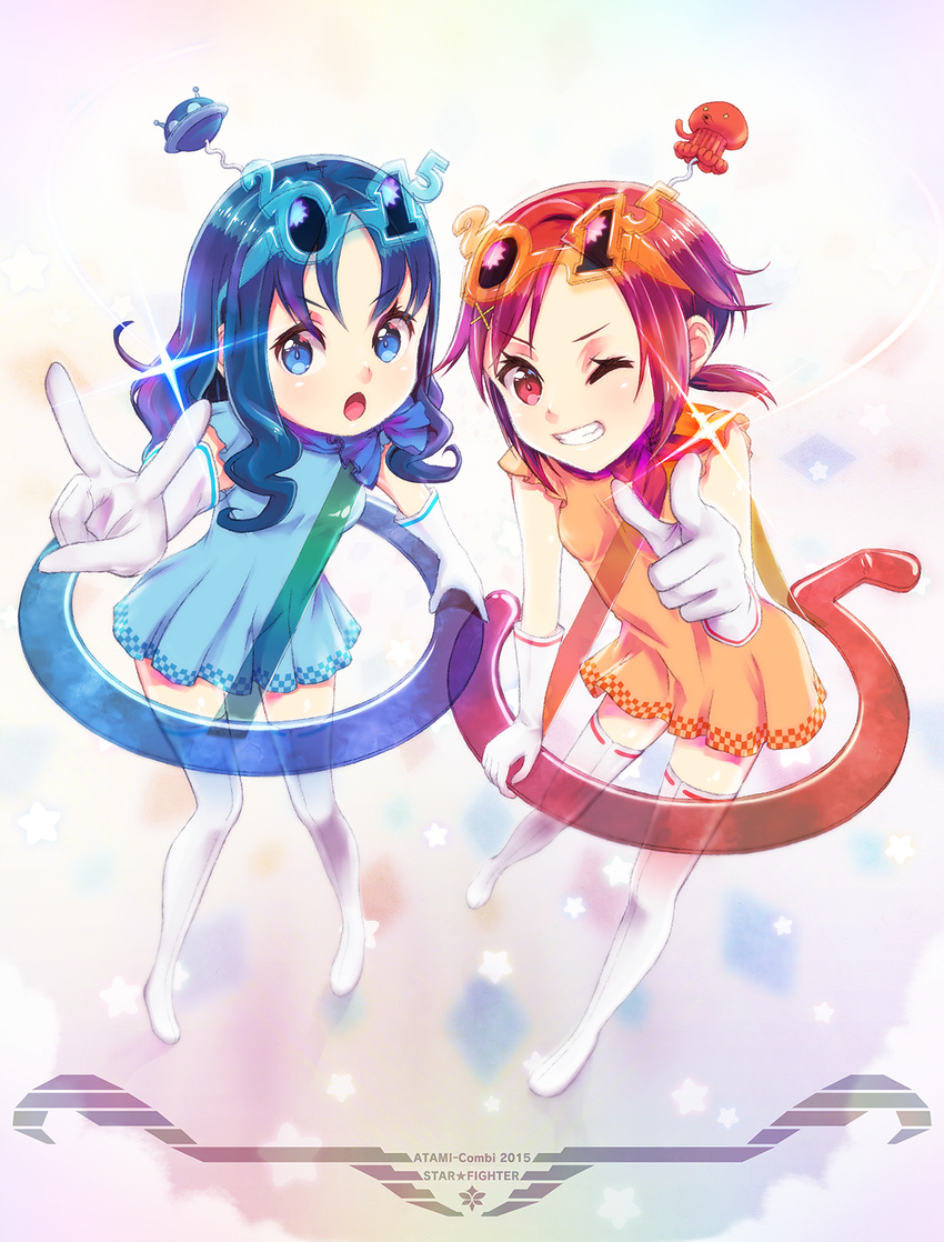 2girls bad_id bad_pixiv_id blue_eyes blue_hair c-chrone dress glasses grin heartcatch_precure! highres hino_akane_(smile_precure!) kurumi_erika long_hair multiple_girls one_eye_closed open_mouth orange_dress ponytail precure red_eyes red_hair short_hair smile smile_precure! v