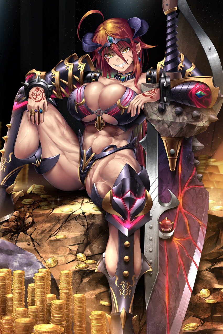 abs ahoge breasts bursting_breasts chain_chronicle cleavage coin grin highres horns huge_breasts long_hair looking_at_viewer muscle muscular_female red_hair sharp_teeth smile solo sword teeth thick_thighs thighs very_long_hair weapon yana_(nekoarashi)