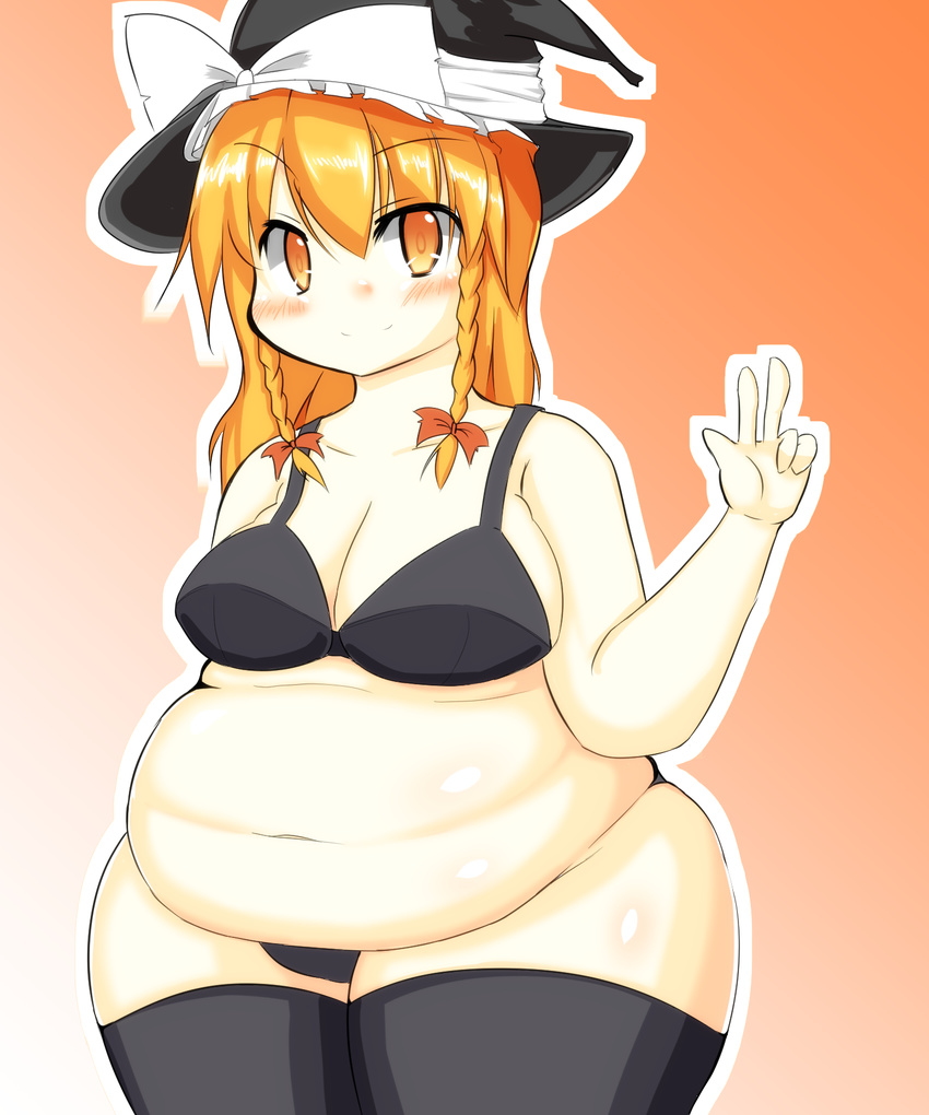 big_belly black_legwear black_panties blonde_hair blush bra braid breasts fat fat_folds hat highres kirisame_marisa large_breasts long_hair looking_at_viewer navel nengorogoro obese panties smile solo thighhighs touhou twin_braids underwear underwear_only w wide_hips witch_hat yellow_eyes