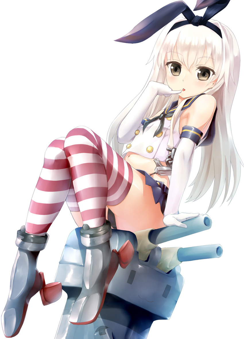 anchor_hair_ornament bare_shoulders black_panties blonde_hair blue_skirt boots bow brown_eyes crop_top elbow_gloves finger_to_mouth gloves grey_footwear hair_bow hair_ornament hairband highleg highleg_panties highres kantai_collection long_hair looking_at_viewer microskirt midriff neckerchief panties pantyshot pantyshot_(sitting) pleated_skirt rensouhou-chan sailor_collar shimakaze_(kantai_collection) shiron_(e1na1e2lu2ne3ru3) simple_background sitting skirt striped striped_legwear thighhighs tongue tongue_out underwear white_background white_gloves