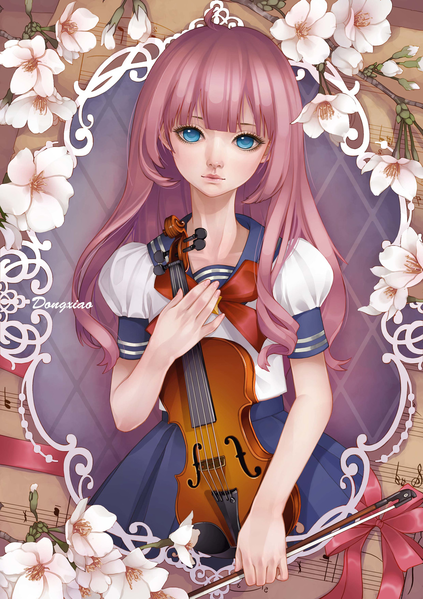 absurdres bad_id bad_pixiv_id bangs blue_eyes blunt_bangs bow_(instrument) dongxiao flower half_note highres instrument lily_(flower) long_hair looking_at_viewer musical_note original pink_hair quarter_note quarter_rest ribbon school_uniform serafuku sharp_sign sheet_music signature skirt solo tenuto violin