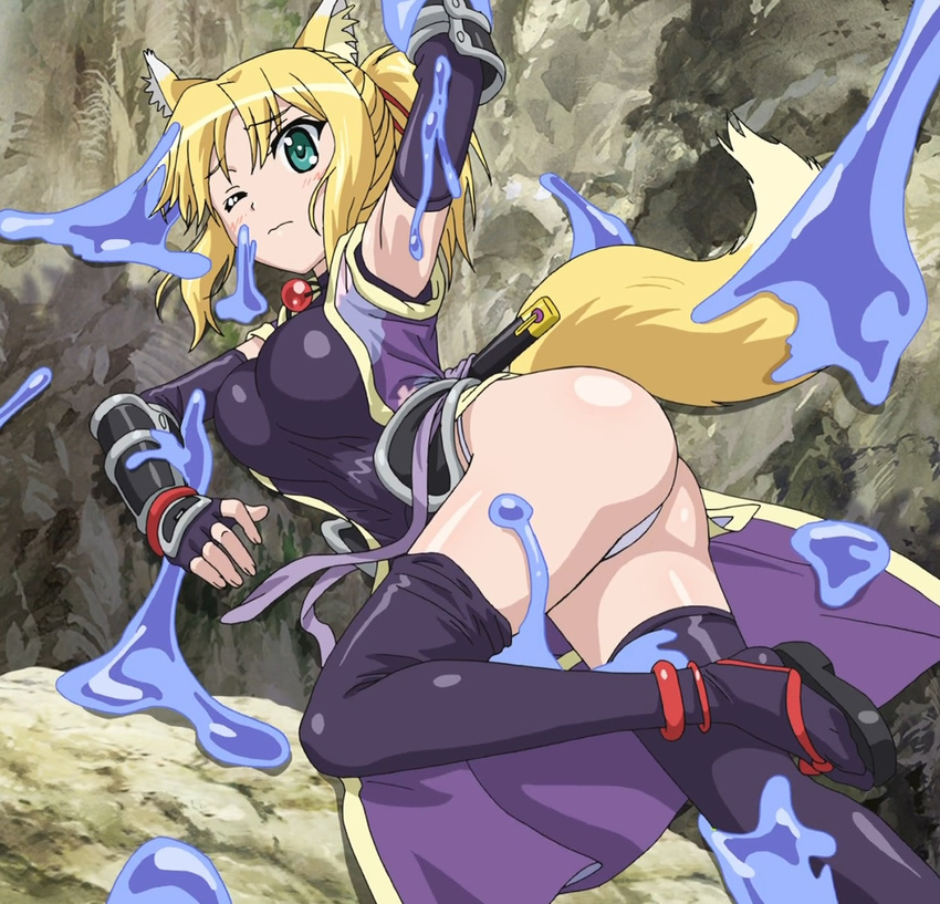 animal_ears ass blonde_hair breasts dog_days fox_ears fox_tail gloves hair_ribbon highres japanese_clothes large_breasts long_hair one_eye_closed open_clothes panties ponytail ribbon screencap slime solo tail underwear yukikaze_panettone
