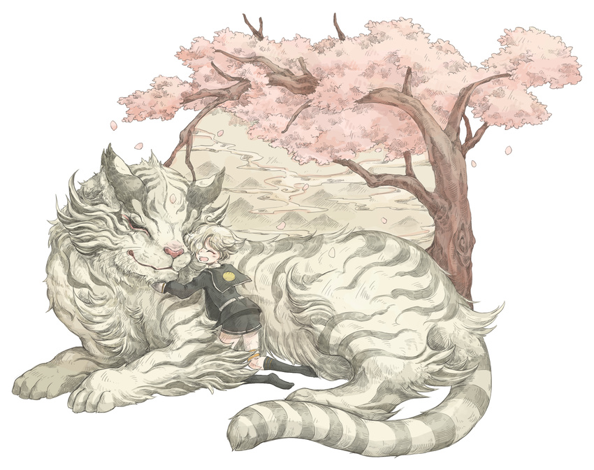 :d androgynous animal bad_id bad_pixiv_id cherry_blossoms closed_eyes gokotai gokotai's_tigers kneeling kuuneru long_sleeves male_focus military military_uniform no_hat no_headwear open_mouth oversized_animal shorts simple_background smile solo thigh_strap tiger touken_ranbu tree uniform white_background white_hair white_tiger