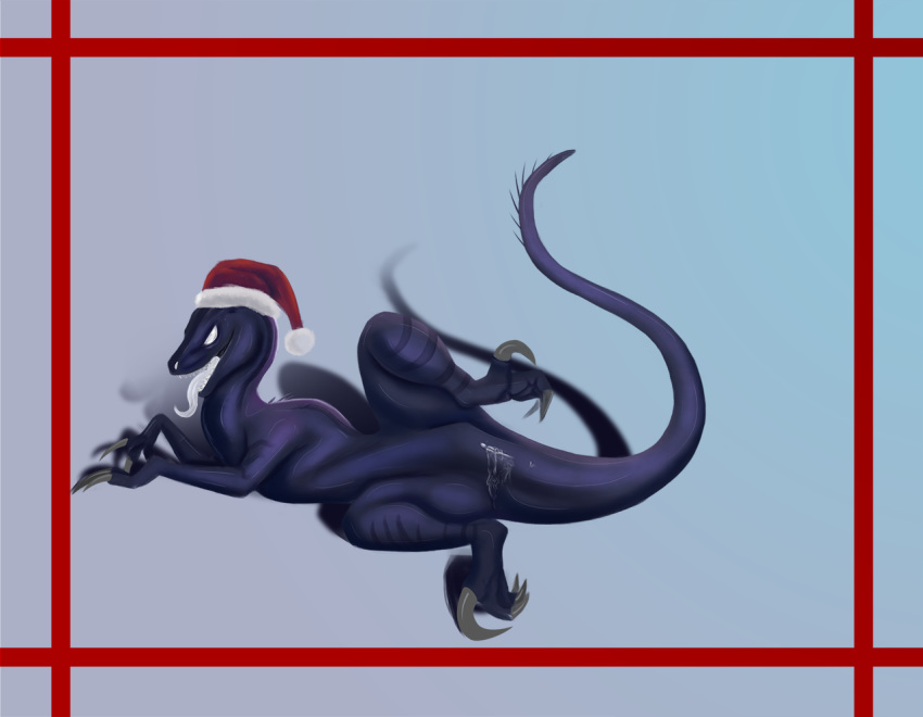 2018 anus christmas claws dinosaur dripping female feral hat holidays lying on_side open_mouth phinja presenting presenting_pussy pussy pussy_juice raptor reptile santa_hat scalie simple_background smile spread_legs spreading theropod tongue tongue_out