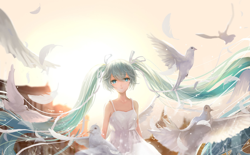aqua_hair bird blue_eyes commentary crying crying_with_eyes_open dove dress hatsune_miku long_hair solo sundress tears twintails very_long_hair vocaloid wallacexi white_dress