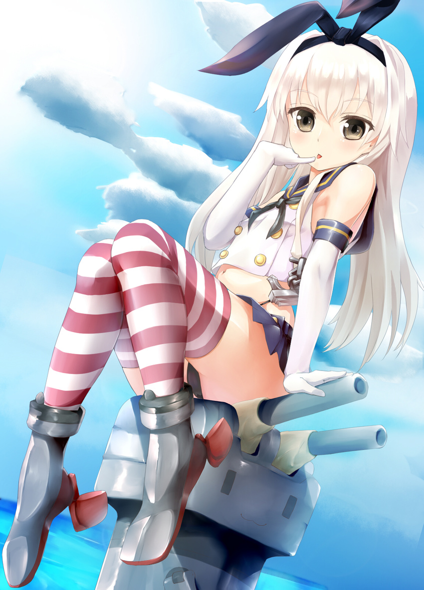 anchor_hair_ornament bare_shoulders black_panties blonde_hair blue_skirt blue_sky boots bow brown_eyes crop_top day elbow_gloves finger_to_mouth gloves grey_footwear hair_bow hair_ornament hairband highleg highleg_panties highres kantai_collection long_hair looking_at_viewer microskirt midriff neckerchief panties pantyshot pantyshot_(sitting) pleated_skirt rensouhou-chan sailor_collar shimakaze_(kantai_collection) shiron_(e1na1e2lu2ne3ru3) sitting skirt sky striped striped_legwear thighhighs tongue tongue_out underwear white_gloves