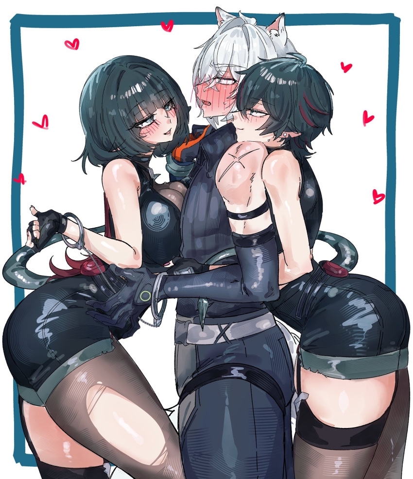 1girl 2boys animal_ears bibie307 bisexual_male black_shirt black_shorts black_thighhighs blue_eyes blush breasts cat_boy cat_ears cleavage commentary_request genderswap genderswap_(ftm) grey_hair heart highres jane_doe_(zenless_zone_zero) john_doe_(zenless_zone_zero)_(scopeophilia) large_breasts looking_at_viewer mouse_boy mouse_girl mouse_tail multicolored_hair multiple_boys nail_polish pantyhose red_nails red_streaks scar scar_on_shoulder seth_lowell shirt short_hair shorts streaked_hair tail thighhighs torn_clothes torn_pantyhose torn_thighhighs white_hair zenless_zone_zero
