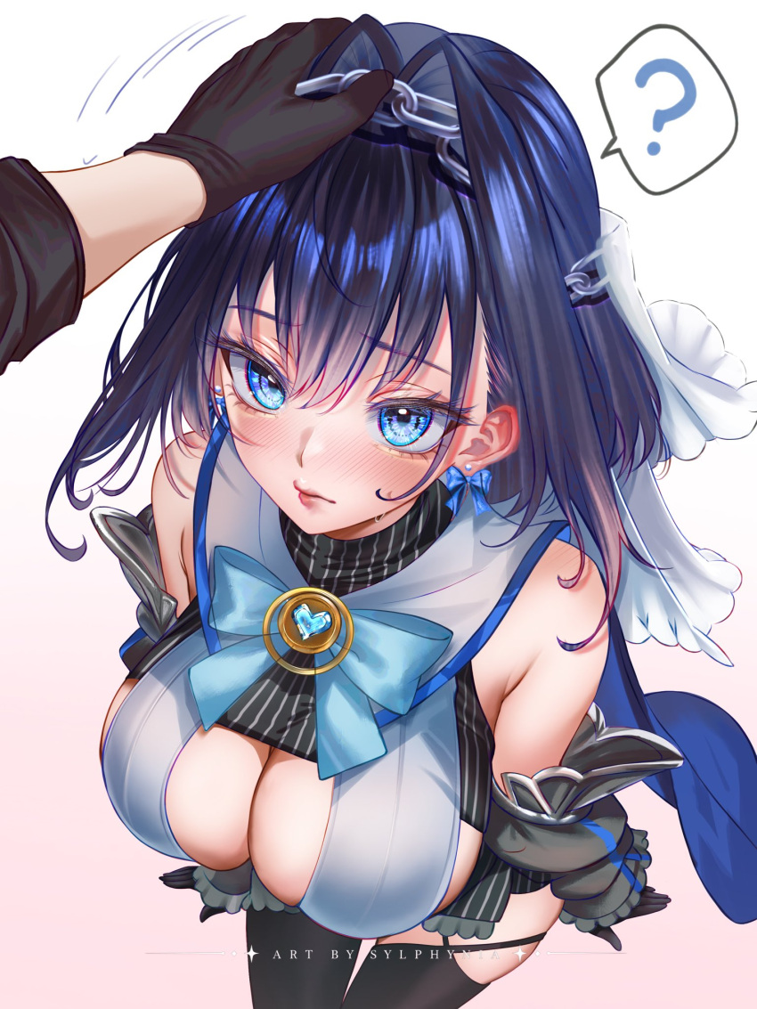 1girl 1other ? black_gloves black_shirt black_skirt black_thighhighs blue_bow blue_bowtie blue_cape blue_eyes blue_hair bow bow_earrings bowtie breasts brooch cape chain chain_headband cleavage commentary cropped_shirt detached_sleeves earrings english_commentary fanged_bangs frilled_skirt frilled_sleeves frills gloves grey_sleeves hair_intakes half-skirt headpat heart heart_brooch highres hololive hololive_english jewelry juliet_sleeves large_breasts long_sleeves miniskirt ouro_kronii ouro_kronii_(1st_costume) pinstripe_pattern pinstripe_shirt pinstripe_skirt puffy_sleeves sailor_collar shirt simple_background skirt solo_focus spoken_question_mark sylphynia thighhighs veil vest virtual_youtuber white_background white_sailor_collar white_veil white_vest