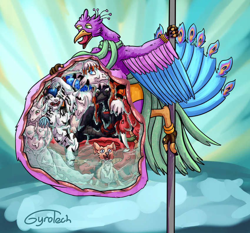 abdominal_bulge absurd_res anthro anthro_pred ashen_(theashenkobold) avian belly big_belly bird bodily_fluids clothing collar corvid corvus_(genus) dancing dragon dress feathered_crest feathered_wings feathers felid female female_prey feral galliform gyro_feather gyrotech head_crest hi_res huge_belly hyper hyper_belly internal ivory_tiger_(ebony) kobold male male_pred male_prey mammal melty_digestion multiple_prey mythological_creature mythological_scalie mythology organs oscine pantherine passerine peafowl phasianid pole pole_dancing raven scalie scarf stomach stomach_acid tiger vore winged_arms wings