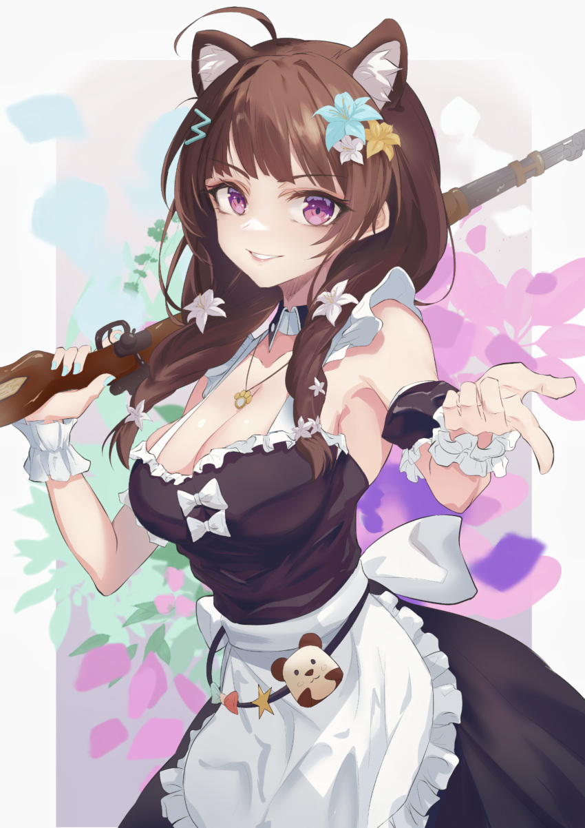 1girl :d absurdres ahoge animal_ears apron aqua_flower aqua_nails black_dress bolt_action breasts brown_hair charm_(object) chinese_commentary cleavage commentary_request commission dog_ears dress fibonacci_no_usagi flower frilled_apron frills grin gun hair_flower hair_ornament highres holding holding_gun holding_weapon large_breasts long_hair looking_at_viewer mauser_98 nail_polish original pointing pointing_at_viewer rifle sleeveless sleeveless_dress smile solo teeth waist_apron weapon white_flower yellow_flower