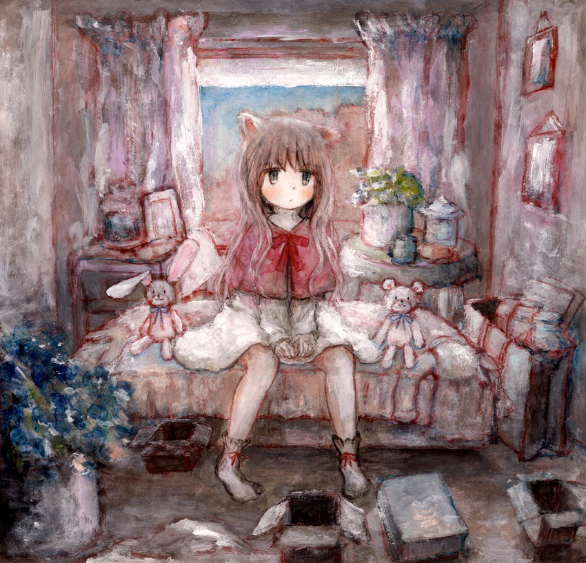 acrylic_paint_(medium) animal_ears bag bed between_legs blush bow box capelet cat_ears child coffee_table colored_pencil_(medium) cup curtains dress flower flower_pot graphite_(medium) grey_hair hand_between_legs highres indoors jar long_hair natsume_no_kijiro original picture_(object) sitting socks solo stuffed_animal stuffed_toy table teddy_bear toy traditional_media white_dress window