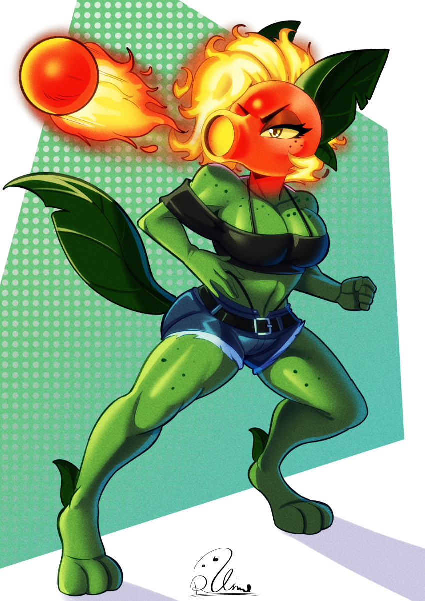 2026 3_toes absurd_res anthro barefoot belt belt_buckle big_breasts black_belt black_clothing black_topwear blue_bottomwear blue_clothing blue_shorts bottomwear breasts buckle clothing digitigrade dotted_background electronic_arts elemental_creature eyebrows eyelashes feet female fire fire_peashooter_(pvz) flaming_hair flora_fauna freckled_breasts freckled_legs freckled_shoulders freckled_thighs freckles glowing glowing_head glowing_hot green_body green_pseudo_hair green_tail hair hi_res leaf leaf_ears leaf_hair leaf_tail orange_glow pattern_background peablaze_(leafpaw) peashooter_(pvz) plant plant_hair plant_tail plants_vs._zombies popcap_games pseudo_hair pseudo_tail red_hair rodolfoslime shaded shadow shorts signature simple_background siphon_(anatomy) solo tail teal_background thong_straps toes topwear wide_stance yellow_sclera