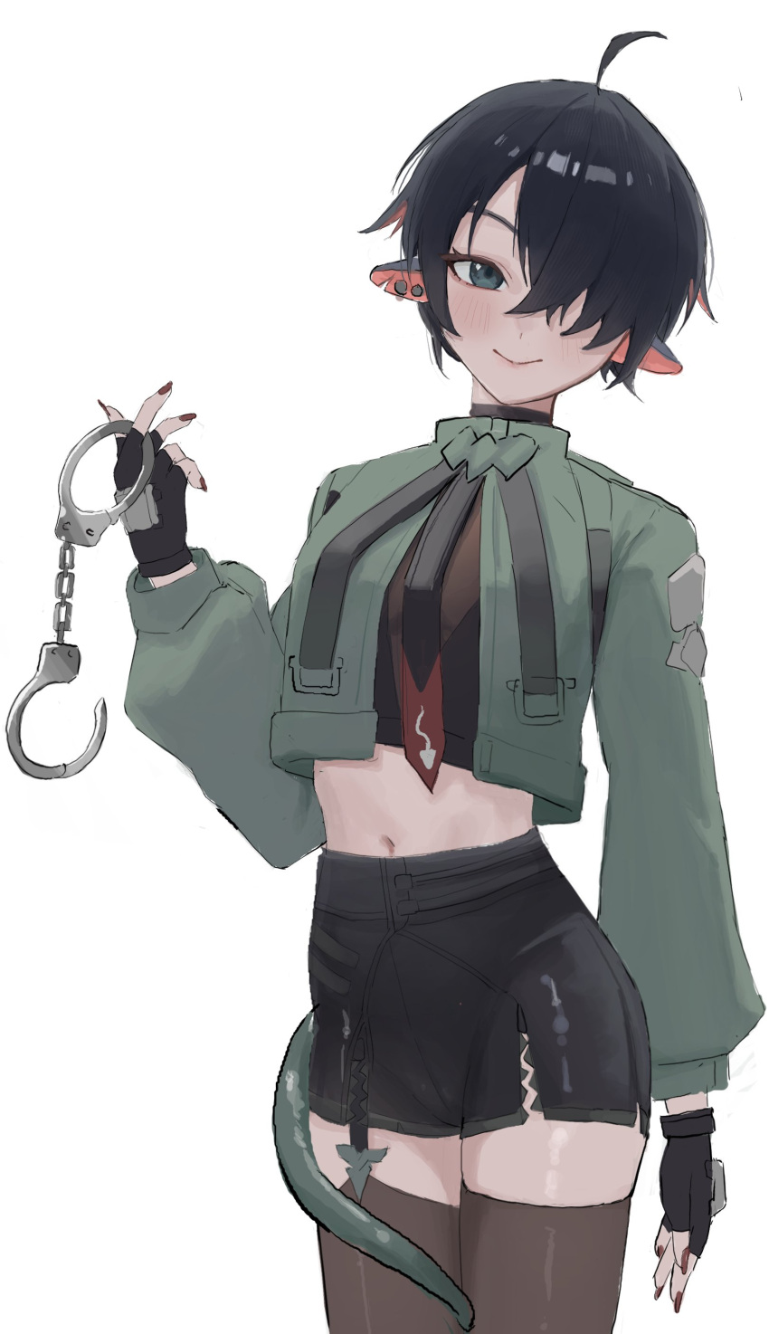 1boy absurdres ahoge alternate_legwear animal_ears arm_at_side black_gloves black_hair black_shorts brown_thighhighs closed_mouth cowboy_shot cropped_jacket cuffs ear_piercing fingerless_gloves genderswap genderswap_(ftm) gloves green_jacket green_tail grey_eyes hair_over_one_eye hand_up handcuffs highres holding holding_handcuffs jacket jane_doe_(zenless_zone_zero) john_doe_(zenless_zone_zero)_(scopeophilia) latteratar legs_together light_blush long_sleeves looking_to_the_side male_focus midriff mouse_ears mouse_tail navel one_eye_covered piercing puffy_long_sleeves puffy_sleeves rat_boy red_nails shorts simple_background smile solo standing tail tail_around_own_leg thighhighs trap white_background zenless_zone_zero