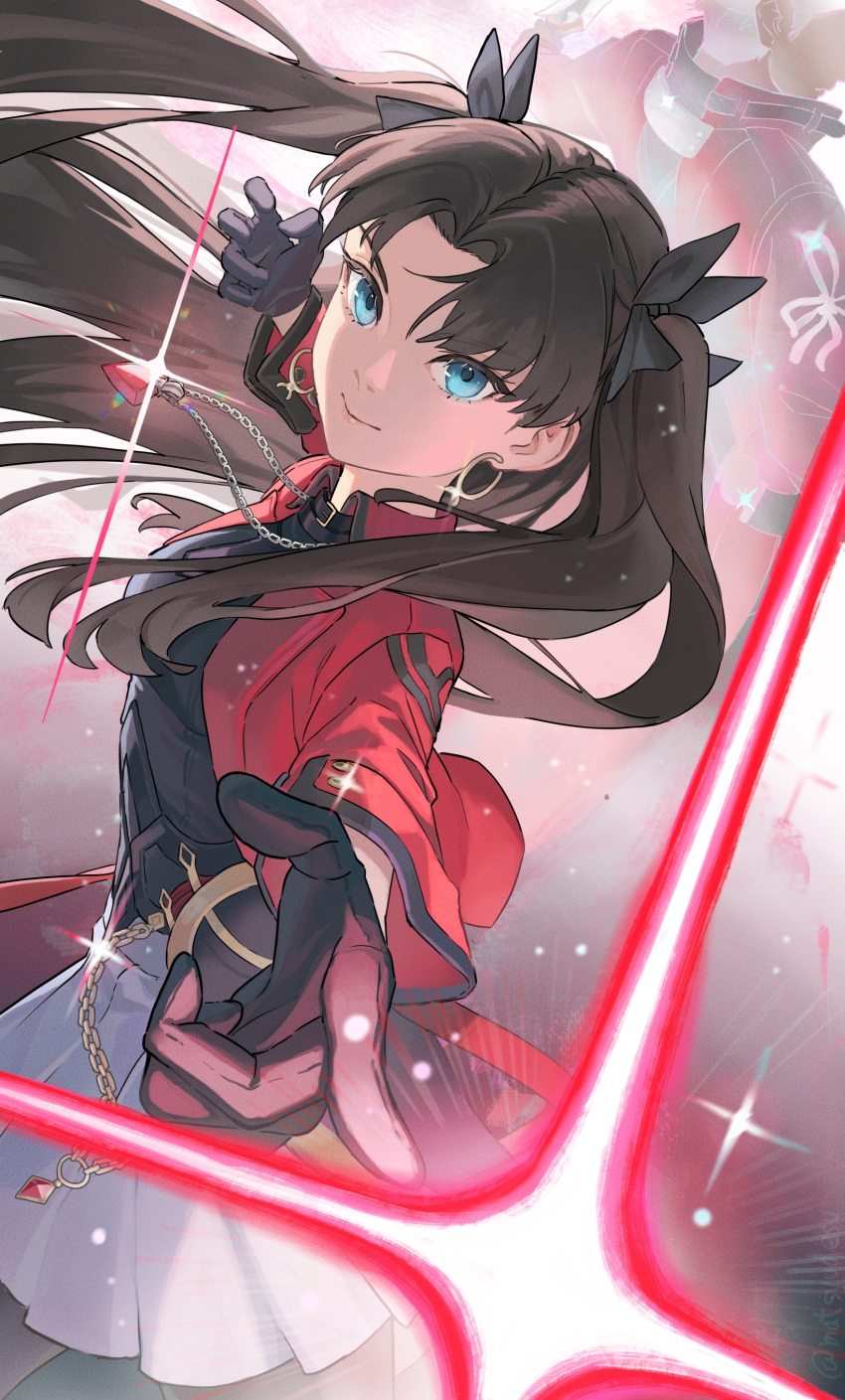 1boy 1girl absurdres archer_(fate) archer_(honkai:_star_rail)_(fate) black_gloves black_shirt black_thighhighs blue_eyes brown_hair commentary dark-skinned_male dark_skin earrings energy_beam fate/stay_night fate_(series) gem gloves highres honkai:_star_rail honkai_(series) hoop_earrings jacket jewelry long_hair matsuudesu pointing red_gem red_jacket rin's_pendant_(fate) shirt short_hair skirt solo_focus sparkle thighhighs tohsaka_rin tohsaka_rin_(honkai:_star_rail) two_side_up white_hair white_skirt