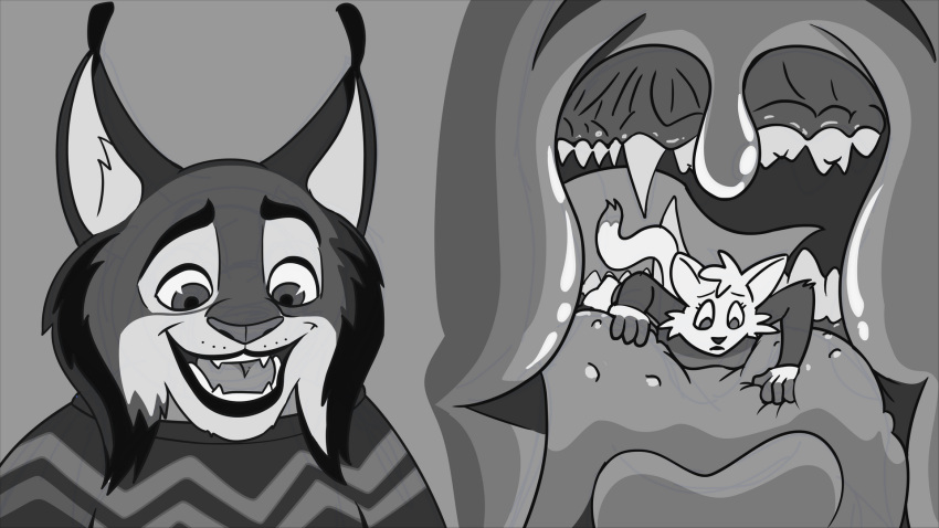16:9 anthro black_and_white canada_lynx clothing disney domestic_cat duo epiglottis feedfancier felid feline felis fur hi_res imminent_vore inside_mouth long_ears looking_down lynx male mammal monochrome pawbert_lynxley pointy_ears reverse_mouth_shot sharp_teeth sweater teeth tongue topwear uvula widescreen zootopia