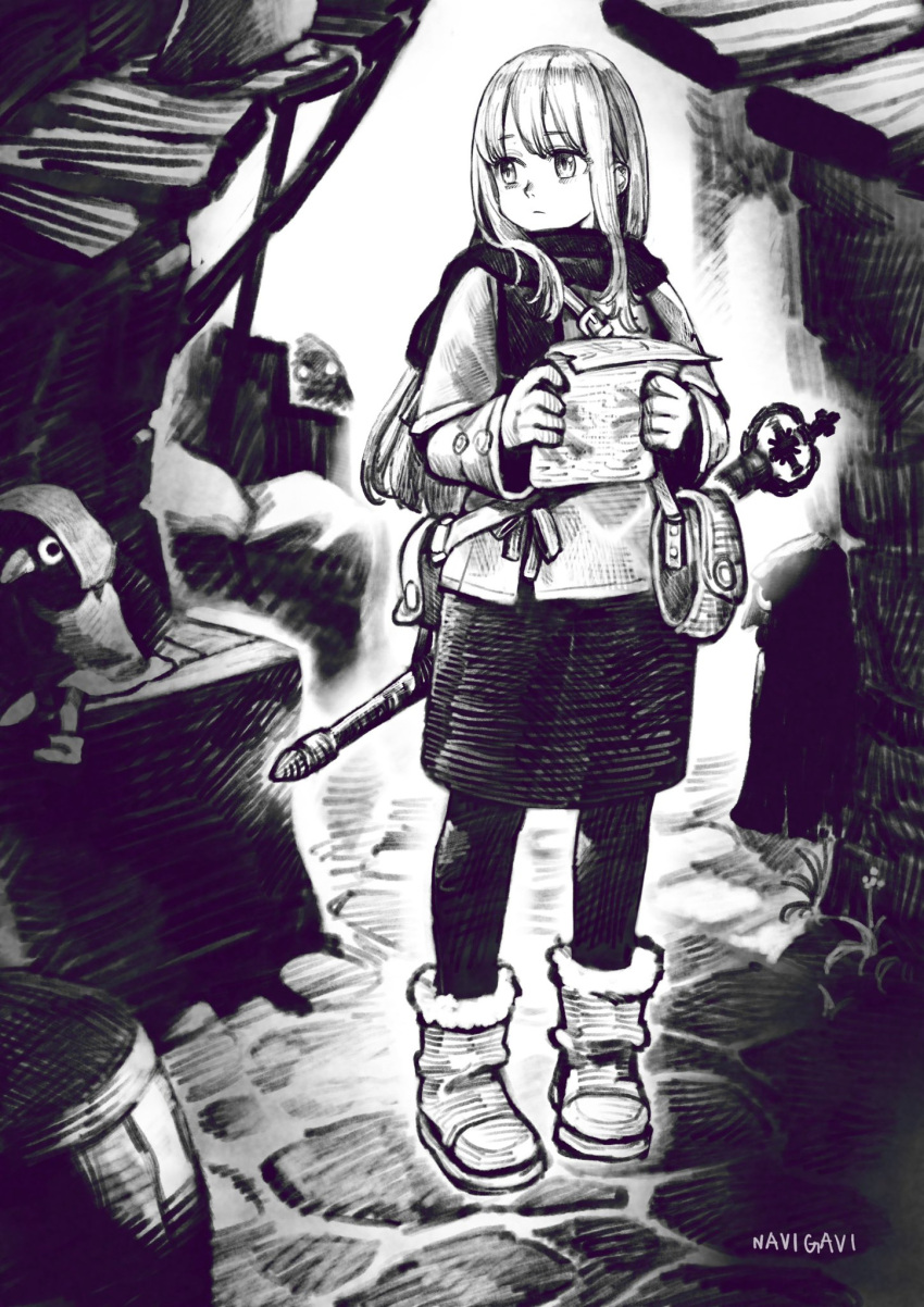 1girl ankle_boots artist_name bag barrel boots cloak closed_mouth commentary creature eyelashes fantasy full_body fur-trimmed_boots fur_trim greyscale hands_up highres holding holding_paper hood hood_up hooded_cloak jacket jun_(navigavi) long_hair long_sleeves looking_afar looking_at_another looking_to_the_side monochrome nose original outdoors pantyhose paper scarf shoulder_bag signature skirt solo_focus standing wand weapon weapon_on_back wide_sleeves wooden_box