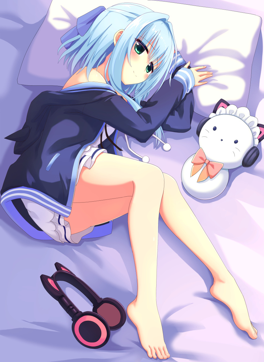 1girl absurdres animal_ear_headphones animal_ears bare_legs barefoot black_jacket blue_ribbon blush cat_ear_headphones cat_ears closed_mouth commentary dress dutch_angle eyes_visible_through_hair fake_animal_ears feet full_body green_eyes hair_between_eyes hair_ribbon half_updo hamidashi_creative head_on_pillow headphones highres jacket knees_together_feet_apart legs looking_at_viewer lying medium_hair nine_murasame nishiki_asumi on_bed on_side open_clothes open_jacket pillow ribbon short_dress sidelocks sleeves_past_wrists smile solo split_mouth stuffed_animal stuffed_cat stuffed_toy thighs toenails toes unworn_headphones white_dress