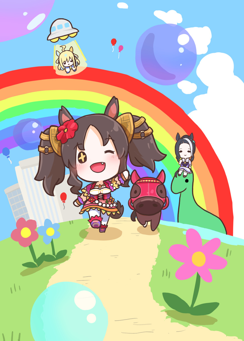 3girls :d ;d absurdres ahoge animal_ears balloon black_hair blonde_hair blue_sky bow bowtie building chibi chibi_only chokueji cloud commentary creature_and_personification cross-shaped_pupils day dinosaur english_commentary fang flower hair_flower hair_ornament highres horse horse_ears horse_girl horse_tail long_hair looking_at_viewer marvelous_sunday_(kira_doki_waku_mabe)_(umamusume) marvelous_sunday_(racehorse) marvelous_sunday_(umamusume) mejiro_ramonu_(umamusume) mixed-language_commentary multicolored_hair multiple_girls neo_universe_(umamusume) neo_universe_(universe-naut)_(umamusume) one_eye_closed open_mouth outdoors parted_bangs personification purple_bow purple_bowtie rainbow red_flower road school_uniform skirt sky smile symbol-shaped_pupils tail tracen_school_uniform tractor_beam twintails two-tone_hair ufo umamusume walking white_hair white_skirt