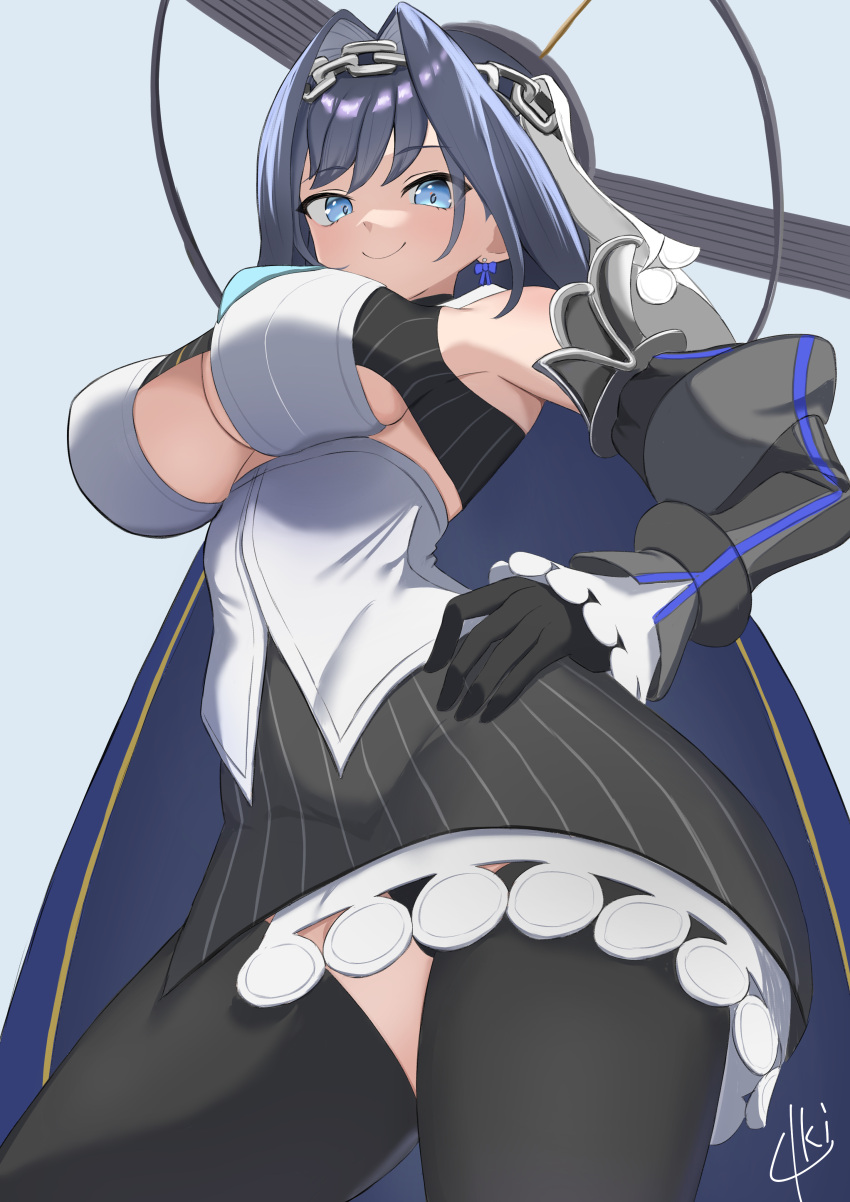 1girl 963rinne absurdres black_gloves black_hair blue_background blue_eyes blue_hair bow bow_earrings breasts chain chain_headband cleavage clothing_cutout commentary cropped_shirt detached_sleeves earrings english_commentary fanged_bangs from_below gloves hair_intakes half-skirt halo hand_on_own_hip highres hololive hololive_english jewelry large_breasts looking_at_viewer looking_down mechanical_halo multicolored_hair ouro_kronii ouro_kronii_(1st_costume) panties pinstripe_pattern pinstripe_shirt pinstripe_skirt ribbon_earrings shirt short_hair signature simple_background skirt smile solo standing thighhighs thighs underboob underboob_cutout underwear upskirt virtual_youtuber