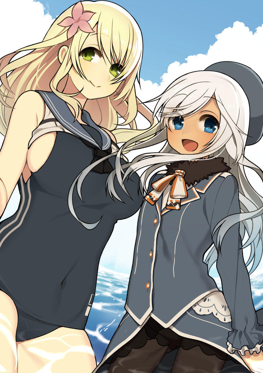 :d absurdres alara atago_(kantai_collection) atago_(kantai_collection)_(cosplay) bad_id bad_pixiv_id bare_shoulders black_legwear blonde_hair blue_eyes blue_sky breasts cloud cosplay costume_switch covered_navel crop_top day flower frilled_sleeves frills green_eyes hair_flower hair_ornament hat highres kantai_collection large_breasts long_hair long_sleeves multiple_girls one-piece_swimsuit open_mouth pantyhose ro-500_(kantai_collection) ro-500_(kantai_collection)_(cosplay) school_swimsuit school_uniform serafuku sideboob sky smile swimsuit tan water white_hair