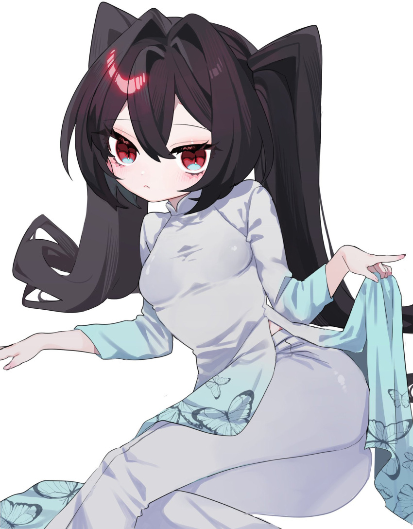 1girl ao_dai black_hair breasts commentary_request commission dress expressionless hair_intakes highres long_hair looking_at_viewer luna_(nashi) lying nashi_(shi_ra_nu_i) on_side original pokemon red_eyes simple_background skeb_commission slit_pupils small_breasts solo very_long_hair white_dress