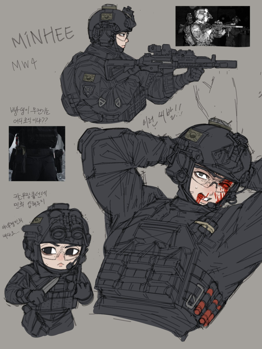 1girl arms_behind_head assault_rifle backpack bag balaclava black_gloves black_helmet black_shirt blood blood_from_mouth blood_on_face call_of_duty clenched_teeth combat_helmet commentary cropped_legs cropped_torso daewoo_k1 ear_protection eotech foregrip game_screenshot_inset gloves goggles grey_background gun headphones headset helmet highres holding holding_knife knife korean_text laser_sight load-bearing_vest long_sleeves microphone military_combat_uniform military_operator military_uniform minhee_(cod:_mw4) mole mole_under_eye multiple_views night_vision_device ppopy124 reference_inset rifle screenshot_inset shirt sight_magnifier south_korean_flag suppressor tactical_clothes teeth vertical_foregrip watch weapon wristwatch