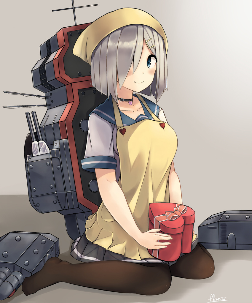 apron black_legwear blue_eyes blush box choker gift gift_box hair_ornament hair_over_one_eye hairclip hamakaze_(kantai_collection) head_scarf heart-shaped_box heart-shaped_lock heart_lock_(kantai_collection) highres kantai_collection looking_at_viewer pantyhose plan_(planhaplalan) school_uniform serafuku short_hair silver_hair sitting skirt smile solo valentine wariza yellow_apron