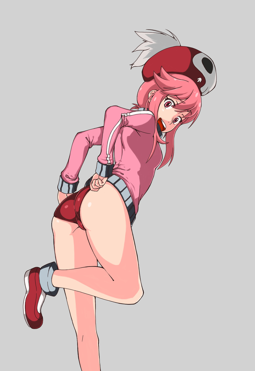 :d adjusting_buruma adjusting_clothes arms_behind_back ass bangs beret breasts buruma directional_arrow flipped_hair from_side grey_background hat hat_feather highres jacket jakuzure_nonon kill_la_kill kneepits leaning_forward leg_lift legs long_sleeves looking_at_viewer looking_back open_mouth pink_eyes pink_hair shoes sidelocks simple_background single_vertical_stripe skull_print small_breasts smile sneakers solo standing standing_on_one_leg track_jacket ttrop