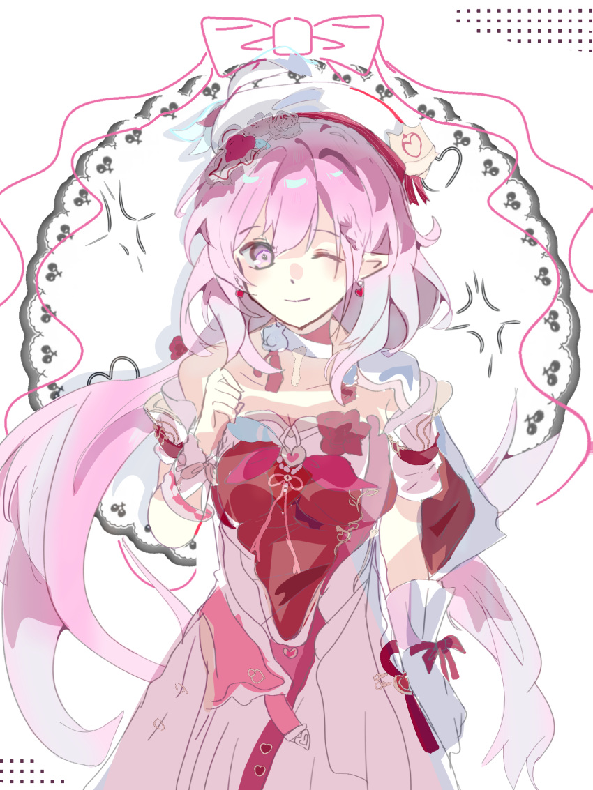 1girl ;) beret breasts commission diamond-shaped_pupils diamond_(shape) dress elf elysia_(hi_love_elf)_(honkai_impact) elysia_(honkai_impact) hat highres honkai_(series) honkai_impact_3rd large_breasts long_hair looking_at_viewer multicolored_hair one_eye_closed pink_hair pointy_ears purple_eyes red_dress shumu05022 smile solo symbol-shaped_pupils two-tone_hair very_long_hair white_hair