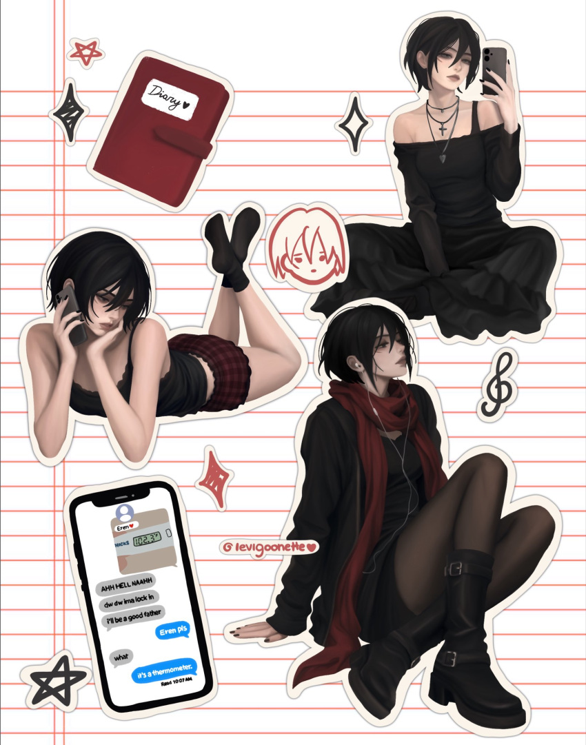 1girl alternate_costume bare_arms bare_shoulders black_boots black_camisole black_dress black_hair black_jacket black_nails black_pantyhose boots breasts camisole cellphone cross cross_necklace diary dress earphones eren_yeager full_body hair_between_eyes head_on_hand highres indian_style jacket jewelry levigoonette lying medium_breasts mikasa_ackerman multiple_necklaces multiple_views musical_note nail_polish necklace notebook off-shoulder_shirt off_shoulder on_stomach pantyhose phone plaid_clothes plaid_shorts red_scarf red_shorts scar scar_on_cheek scar_on_face scarf shingeki_no_kyojin shirt short_hair shorts sitting smartphone solo sparkle talking_on_phone the_pose twitter_username